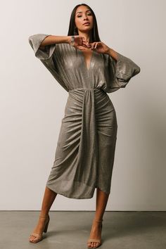 Ciara Ruched Midi Dress | Silver Metallic Boho Dresses For Fall, Shoes For Grey Dress, Metallic Party Dress, Metallic Midi Dress, Fall Wedding Guest Midi Dress, Cheap Wedding Guest Dress, Cocktail Dress Classy Plus Size, Festive Attire Dress Code Women, Engagement Party Dresses For Guest