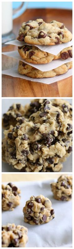 chocolate chip cookies are stacked on top of each other and ready to be baked in the oven