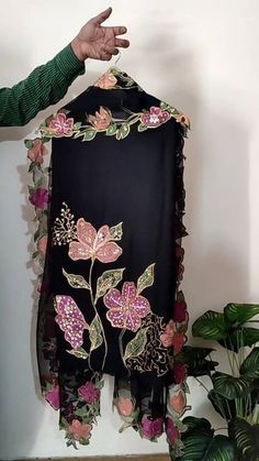 Hand painted dress with hand embellishment. Hand Painted Fabric, Pakistani Fancy Dresses, Handmade Embroidery Designs, Dress Design Patterns