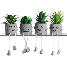 four potted plants with faces drawn on them, hanging from hooks and holding handles