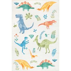 an area rug with dinosaurs and plants on it