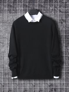 Black Casual Collar Long Sleeve Fabric Plain Pullovers Embellished Slight Stretch Spring/Fall Men Knitwear Black Sweater Outfit, Sweater Outfits Men, Guys Fashion Casual, Shirt Outfit Men, Stylish Hoodies, Mens Casual Dress Outfits, Pullover Outfit, Men Stylish Dress