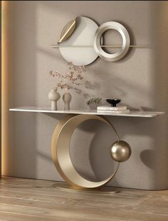 a console table with two circular mirrors on the wall