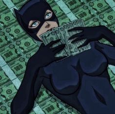 a woman dressed as batman holding money in front of stacks of hundred dollar bills on a green background