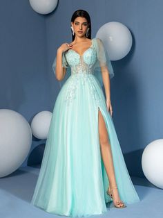 verde menta Elegante Collar manga media Rejilla Color combinado,Liso A línea Embellished No-Elástico Prom Dresses Aqua, Formal Dinner Dress, Prom Evening Dresses, Aqua Dress, Womens Cocktail Dresses, Women Formals, Dinner Dress, Long Prom Dress, Evening Dresses Long