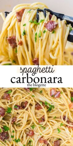 spaghetti carbonara with bacon and parsley on top