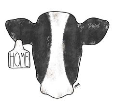 a black and white cow with the word home written on it