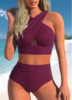 Color:Dark Reddish Purple;Size:S;Size:M;Size:L;Size:XL;Size:XXL;Bra Style:Padded;Support:Wire Free;Pad Style:Removable;Strap Style:Adjustable;Package Contents:1 X Bra , 1 X Panty;Occasion:Sport; Reddish Purple, Bra Styles, Women Swimsuits, Womens Swimwear, Criss Cross, High Waisted, Purple, Clothes For Women, Clothes