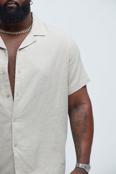 Available In Stone. Fold Down Collar Front Button Closure Short Sleeve Pair With "Bahamas Linen Cargo Short" Pair With "Bahamas Linen Shorts" Pair With "Bahamas Linen Pants" Shell: 55% Linen 45% Cotton Imported | Mens Bahamas Linen Shirt in Stone size 2XL by Fashion Nova Beach Tops With Spread Collar And Button Closure, Relaxed Fit Beach Shirt With Button Closure, Relaxed Fit Short Sleeve Shirt For Beach, Beach Short Sleeve Shirt With Relaxed Fit, Relaxed Fit Hawaiian Shirt For Beach, Beige Short Sleeve Camp Shirt For Beach, Beige Johnny Collar Shirt For Summer, Beach Shirt With Camp Collar And Button Closure, Beach Shirt With Camp Collar