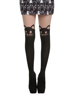 Blackheart Cat Faux Thigh High Tights Design Tights Outfit, Design Tights, Cat Tights, Pastel Cat, Emo Outfit Ideas, Thigh High Tights, Cat Stockings, Egirl Fashion, Style Indie