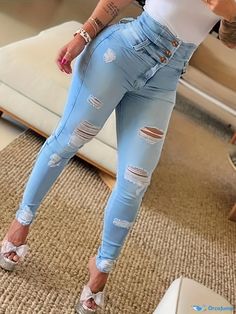 Orcajump - Single Breasted Button Skinny Jeans, Ripped Holes High Waist Distressed Denim Pants, Women's Denim Jeans & Clothing Women's Denim Jeans, Denim Clothing, Jeans Ripped, Light Jeans, Pants Design, Plus Size Womens Clothing, Women Denim Jeans, Denim Outfit, Sports Leggings