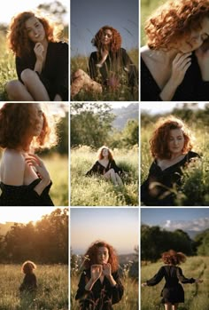 a collage of photos with red hair and black dress sitting in tall grass on the ground