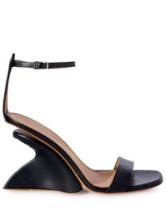 black leather single toe strap buckle-fastening ankle strap engraved logo branded footbed high wedge heel High Wedges, Black Wedge Sandals, Wedge Heel Sandals, Engraved Logo, Dream Shoes, Wedge Sandal, Rick Owens, Wedge Heels, Wedge Sandals