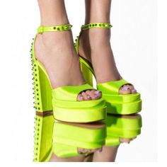 Rock My World Platform Sandal Green Adjustable Spike-Detailed Buckle Ankle Closure Chunky Heel 5.5” Heel Height Size : 7,8,8.5,9 Shoes List, Women Platform Sandals, My World, Chunky Heel, Platform Shoes, Shoes Wedges, Chunky Heels, Platform Sandals, Wedge Shoes