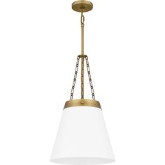 a light fixture with a white glass shade hanging from the ceiling and chain around it