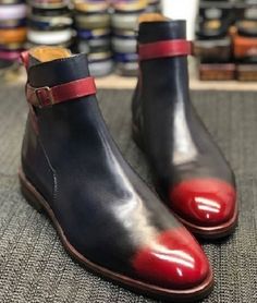 Bespoke Men's Handmade Genuine Black & Red Patina Leather Ankle High Jodhpur Boots Men's on Storenvy Winter Ankle Boots With Red Sole, Ankle-high Boots With Red Sole For Winter, Black High Ankle Boots With Red Sole, Winter Black Boots With Red Sole, Red Leather Boots With Plain Toe, Red Leather Plain Toe Boots, Red Chelsea Boots With Round Toe For Fall, Red Leather Martin Boots For Winter, Red Leather Chelsea Boots For Fall