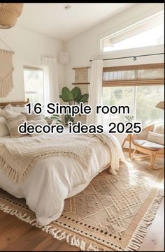 the bedroom is decorated in white and beige