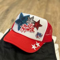 New Snapback Sanctuary- These Adorable Trucker Hats Are Custom Made. These Are Trucker Hat Style W/Adjustable Strap. *Red Hat W/White Face. With Red, White & Blue Designed Patches. July 4th Brooch As Well. *Only A Couple Made! Get Yours Today 4th Of July Trucker Hats With Patches, Trendy Cap For 4th Of July, Trendy Red Snapback Hat For Summer, Red Patriotic Summer Hat, Patriotic Red Adjustable Trucker Hat, Red Snapback Hat For 4th Of July, Red Adjustable Trucker Hat For 4th Of July, Trendy Adjustable Hats For 4th Of July, 4th Of July Red Snapback Hat