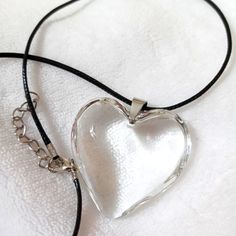 Large Glass Heart Transparent Clear White Color Leather Necklace Pendant Choker Necklace Length Length 17 Inch Adjustable Clear Glass Heart Pendant Necklace, Clear Heart Charm Necklace, Clear Glass Heart-shaped Jewelry, White Heart-shaped Resin Jewelry, Valentine's Day Clear Glass Jewelry, Clear Heart Necklace, Leather Necklace Pendant, Heart Transparent, Glass Heart Necklace