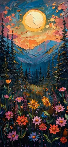 an oil painting of flowers and trees with the sun setting in the sky behind them