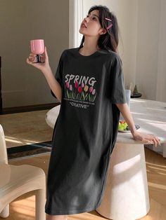 Women's Home Wear T-Shirt Dress With Tulip Pattern Grey   Short Sleeve Knitted Fabric Floral,Slogan Sleepshirts Non-Stretch Spring/Summer/Fall Women Sleep & Lounge, size features are:Bust: ,Length: ,Sleeve Length: Casual Cotton T-shirt Dress With Letter Print, Spring Crew Neck T-shirt Dress With Graphic Print, Relaxed Fit Crew Neck T-shirt Dress For Spring, Casual Cotton T-shirt Dress For Spring, Oversized Crew Neck T-shirt Dress For Spring, Summer Cotton T-shirt Dress With Letter Print, Cotton Letter Print T-shirt Dress For Summer, Cotton T-shirt Dress With Letter Print And Short Sleeves, Spring Crew Neck T-shirt Dress With Relaxed Fit