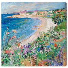 a painting of the beach with flowers on it