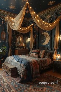 a bed room with a neatly made bed and lots of lights