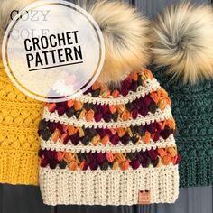 three crochet hats with text overlay that says cozy crochet pattern