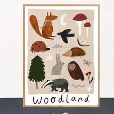 a card with woodland animals and mushrooms on it