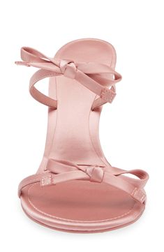 Dainty bows tie around your foot in this svetle sandal lofted by a contemporary flared heel. 3" heel Leather and textile upper/textile lining/synthetic sole Imported Baby Gear Essentials, Hairstyling Products, Bow Bow, Rollerball Perfume, Bow Sandals, Makeup Gift, Gift Bows, Swag Shoes, Fragrance Design