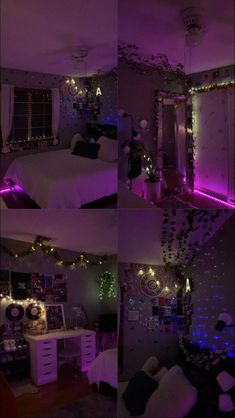 the bedroom is lit up with purple lights and garlands on the wall, while the bed has been made