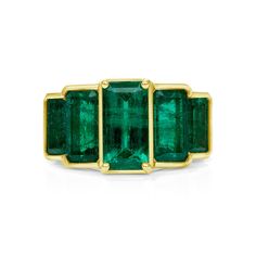 This modern and sleek emerald ring is truly a must-have to add a pop of color for both an everyday or evening look. It consists of 5 emerald cut Zambian emeralds and a bezel set in 18KT yellow gold. Zambian Emeralds are famous for the bluish undertone in color and has a higher clarity and hardness than other emeralds. 5 x 1.27CT Emerald Cut Zambian Emeralds 18KT Yellow Gold Luxury Bezel-set Open Emerald Ring, Green With Envy, Zambian Emerald, Baguette Cut, Emerald Ring, Bezel Setting, Emerald Cut, Baguette, Color Pop