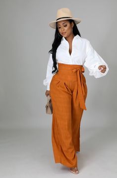 High waist wide leg straight pants with a tie.  Long and loosen pants. Mode Casual, Baggy Pants, Wide Legs, Casual Clothing, Pumpkin Orange, Business Casual Outfits, Stretch Pants, Work Attire, Black Dresses