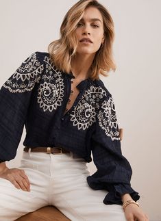 Head Turning Dress, Pola Bordir, Delicate Embroidery, Navy Blouse, Wide Jeans, Mint Velvet, Embroidered Blouse, Everyday Wardrobe, Blue Blouse