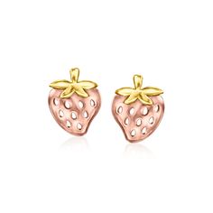 Ross-Simons - 14kt Two-Tone Gold Strawberry Earrings. RS Pure. Modern designs that complete your outfit and complement your personality. Our dainty strawberry earrings are the sweetest style ever! Crafted in 14kt rose and yellow gold with simple openwork details. Post/clutch, 14kt two-tone gold strawberry earrings. Strawberry Earring, Jewelry Presentation, Strawberry Earrings, Sweet Style, Fine Earrings, Rose Gold Earrings, Fine Jewellery Earrings, Cute Jewelry, Jewelry Earrings Studs