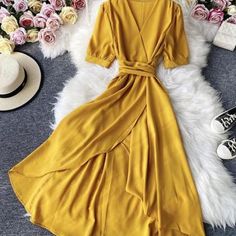 Chic Solid Color Half Sleeve Midi Dress, Spring Party Short Sleeve V-neck Dress, Elegant V-neck Solid Color Dress, Summer V-neck Dress With Surplice Neckline In Solid Color, Elegant Yellow V-neck Maxi Dress, Elegant Yellow V-neck Midi Dress, Chic Short Sleeve Solid Color V-neck Dress, Yellow Solid Color V-neck Midi Dress, Summer Solid Half Sleeve Dresses