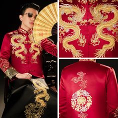 a man wearing a red and gold chinese jacket with dragon embroidery on the chest, holding a fan in his right hand