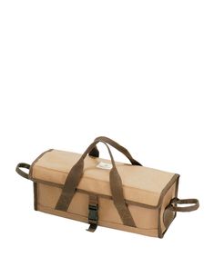 a tan and brown bag with straps on it