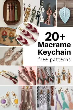 20 macrame keychain free patterns with text overlay that reads, 20 macrame keychains free patterns