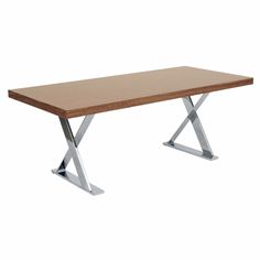 a wooden table with metal legs on a white background