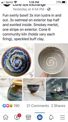 an instagram page with pictures of bowls and pottery