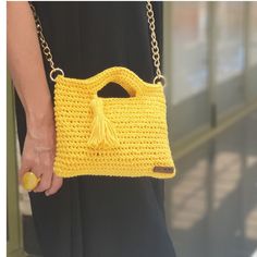 "-Yellow Bag, Summer Bag, Gift for Women, Crochet Bag,  Handmade Bag, Style Bag -  -This handmade bag is crocheted from macrame yarn. -I prepare all my product myself for you. 😊 -Buyers are responsible for any applicable customs and import taxes. We are not responsible for delays caused by customs. Discover the excellence of my handmade crochet bags on Etsy! Each bag is meticulously crafted with love and care, resulting in a unique accessory that exudes charm and character. Elevate your style with these beautifully. Handcrafted with love for you. ITEM DETAILS -Name:  Georgia Small Bag -Knitted handbag with naturel yarn and cotton yarn. -Handcrafted with needle -Handcrafted -Width: 23 cm - 9\" -Length: 18 cm - 7\" -Chain Handle: 120 cm - 47,2--\" --Lightweighted, durable, sustainable shoul Yellow Satchel Shoulder Bag For Gifts, Yellow Shoulder Bag With Chain Strap For Travel, Yellow Crossbody Bag Gift, Yellow Square Shoulder Bag With Handles, Yellow Bag With Chain Strap For Everyday Use, Yellow Clutch Shoulder Bag For Everyday Use, Yellow Clutch Shoulder Bag For Daily Use, Yellow Bags With Chain Strap For Everyday Use, Yellow Rectangular Shoulder Bag With Chain Strap