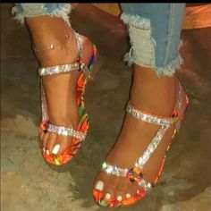 New Orange Crush Bling Sandals Sizes Left Are 6,8,9 Colorful Sandals, Shoes For Ladies, Sequin Shoes, Ladies Sandals, Crystal Sandals, Rhinestone Flats, Crystal Shoes, Rhinestone Sandals, Yellow Shoes