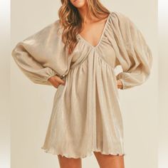 Nwt Steel Mill & Co., Wrinkle Metallic Dress Size Medium, Champagne Color Long Sleeve Shimmer Dress For Spring, Metallic Long Sleeve Mini Dress With Shimmer, Metallic Long Sleeve Shimmer Mini Dress, Long Sleeve Metallic Mini Dress With Shimmer, Metallic Long Sleeve Mini Dress For Spring, Spring Metallic Long Sleeve Mini Dress, Spring V-neck Shimmer Mini Dress, V-neck Shimmer Mini Dress For Spring, Metallic Shimmer Mini Dress For Spring