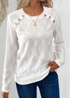 Color:White;Size:S;Size:M;Size:L;Size:XL;Size:XXL;Package Contents:1 X T Shirt;Occasion:Other;Style:Bohemian; White Crew Neck Top With Buttons, White Buttoned T-shirt, White Button-up Tops For Fall, White Crew Neck T-shirt With Buttons, Fall Crew Neck T-shirt With Button Closure, Crew Neck T-shirt With Buttons For Fall, Fall Crew Neck T-shirt With Buttons, Trendy Tops For Women, Long Sleeve Tops Casual