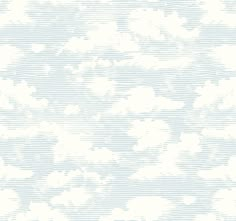 the sky with clouds is shown in this blue and white wallpaper pattern that has been drawn