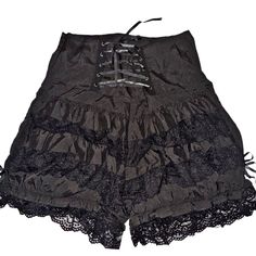 Brand New Boutique Item Note: Stock Pic Shows The Style But Not The Exact Bloomers. Exact Fit And Style Though Just Diff Detailing Black Victorian Lace , Front Ruffle Bloomers / Pantaloons Lace Up With Black Satin Ribbon Lined Hems With Crochet / Lace Silver Hardware ( Lace Holes) Measurements (Approx) The Size Wait Can Be Adjusted Some By The Lace Up But No Stretch And Side Zipper Closure Md:W:13-15” Rise:16” Length:20” Lg:W:15-17” Rise :16” Length:21” Xl:W:17-18” Rise:16” Length:22” 90/10 Poly Gothic Black Short-length Bottoms, Gothic Fitted Short Bottoms, Gothic Fitted Short Length Bottoms, Black Lace Trim Shorts For Summer, Gothic Stretch Ruffle Bottoms, Stretch Ruffled Bottoms For Costume Party, Gothic Stretch Bottoms With Ruffles, Gothic Ruffled Stretch Bottoms, Stretch Bottoms With Ruffles For Costume Party