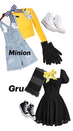 Matching Halloween Costumes For Two Sisters, Minion Movie Outfit, Duo Halloween Costumes Minions, Despicable Me Outfit Ideas, Gru Outfit Despicable Me, Gru Halloween Costume Girl, Despicable Me Outfits