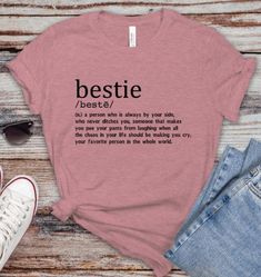 Funny T-Shirts for Friends - Can be Personalized to your own unique definition! Make it more fun by adding your name or any personalized text to the back of your shirt. Use the listing below to add custom text. https://www.etsy.com/listing/833696598 ---CUSTOM DEFINITION--- Have a fun unique definition to fit your own bestie life? Write your own definition or use the one provided!  --Please note that when you customize a saying, we are not responsible if you misspell the word. If we think it migh Funny Pink T-shirt With Text Print, Funny Pink T-shirt With Slogan, Pink Tri-blend T-shirt With Text Print, Pink Tri-blend Text Print T-shirt, Funny Pink T-shirt With Letter Print, Funny Letter Print Pink Shirt, Pink Funny Shirt With Letter Print, Pink Funny Letter Print Shirt, Word Definitions