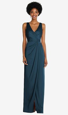 Faux Wrap Whisper Satin Maxi Bridesmaid Dress With Draped Tulip Skirt In Atlantic Blue | The Dessy Group After Six, Mother Of Groom Dresses, Full Length Gowns, Tulip Skirt, Infinity Dress, فستان سهرة, Dress Order, Satin Maxi, Satin Gown